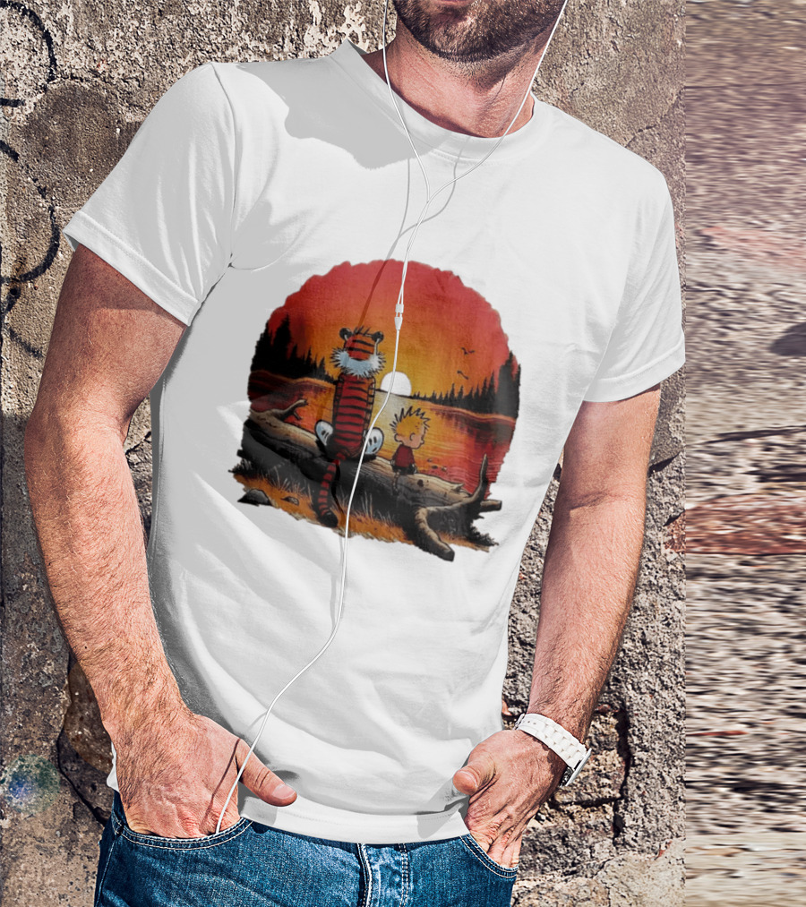 Calvin And Hobbes Log Sunset Lake Scene T-Shirt
