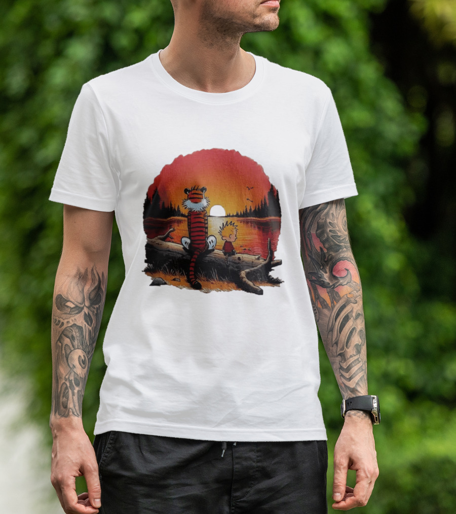Calvin And Hobbes Log Sunset Lake Scene T-Shirt