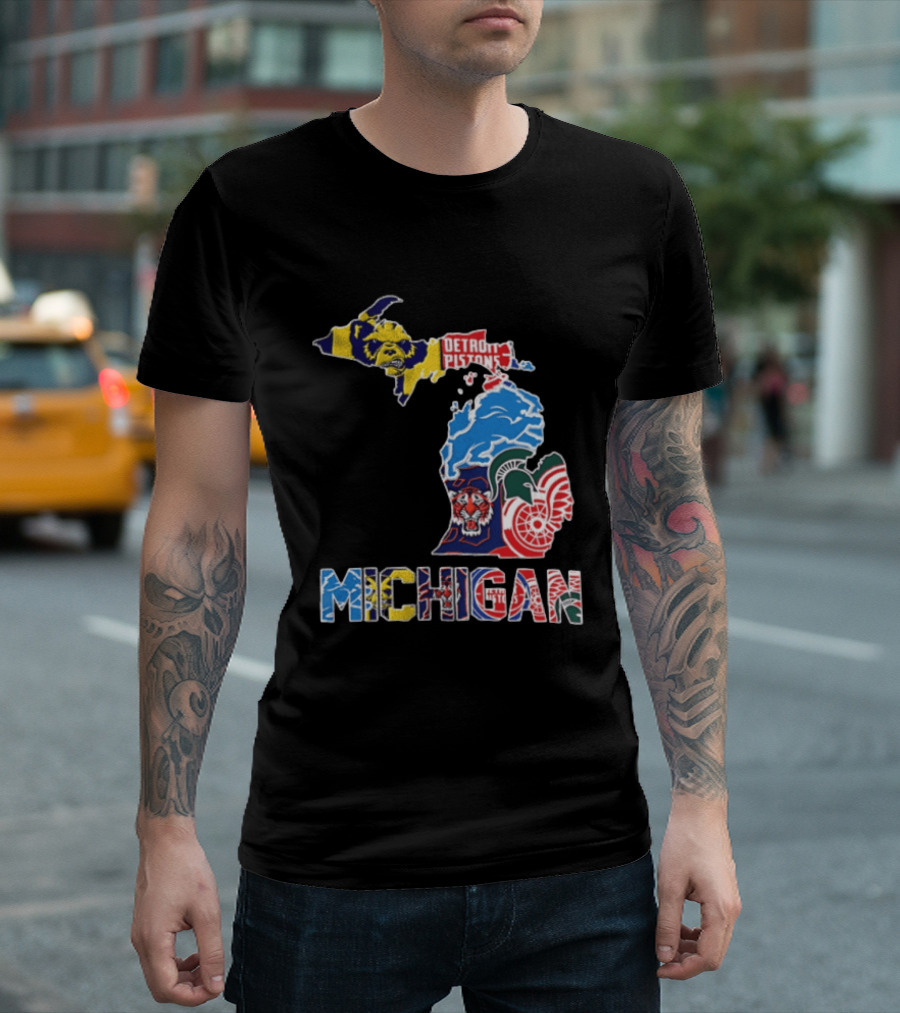 Detroit Pistons Lions Tigers Red Wings Michigan State Spartans Michigan Map T-Shirt