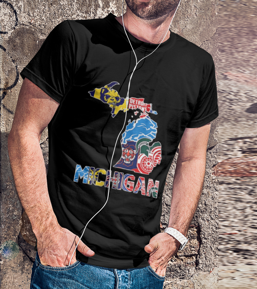 Detroit Pistons Lions Tigers Red Wings Michigan State Spartans Michigan Map T-Shirt