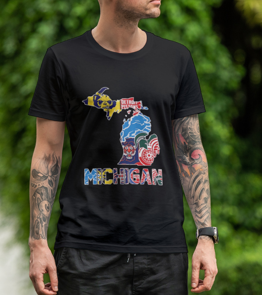 Detroit Pistons Lions Tigers Red Wings Michigan State Spartans Michigan Map T-Shirt