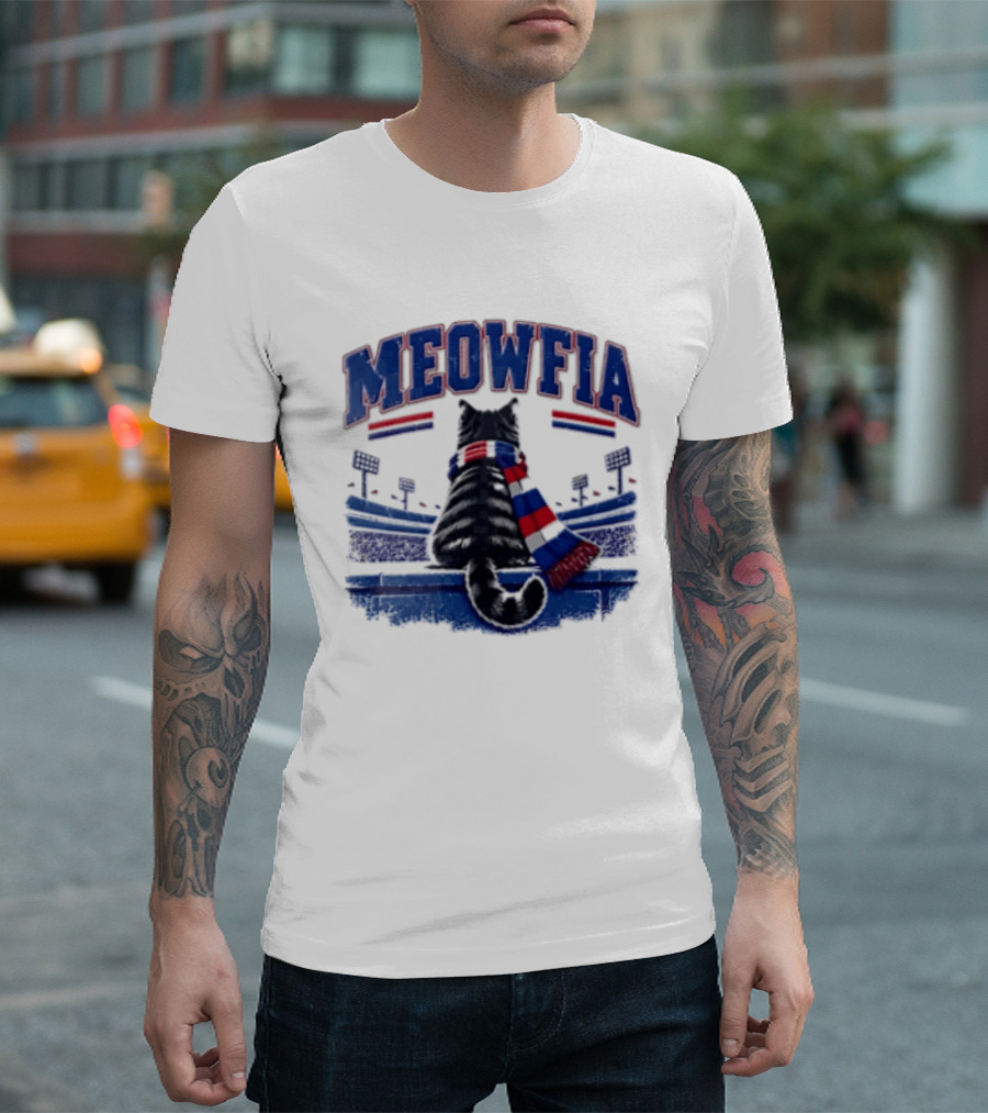 Meowfia Tabby Cat Sporting Colorful Scarf In Stadium Setting T-Shirt