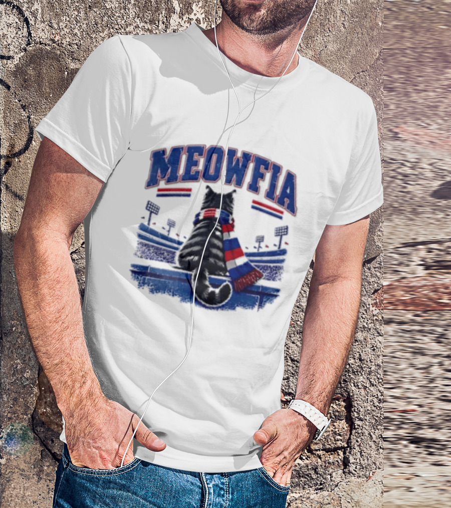 Meowfia Tabby Cat Sporting Colorful Scarf In Stadium Setting T-Shirt