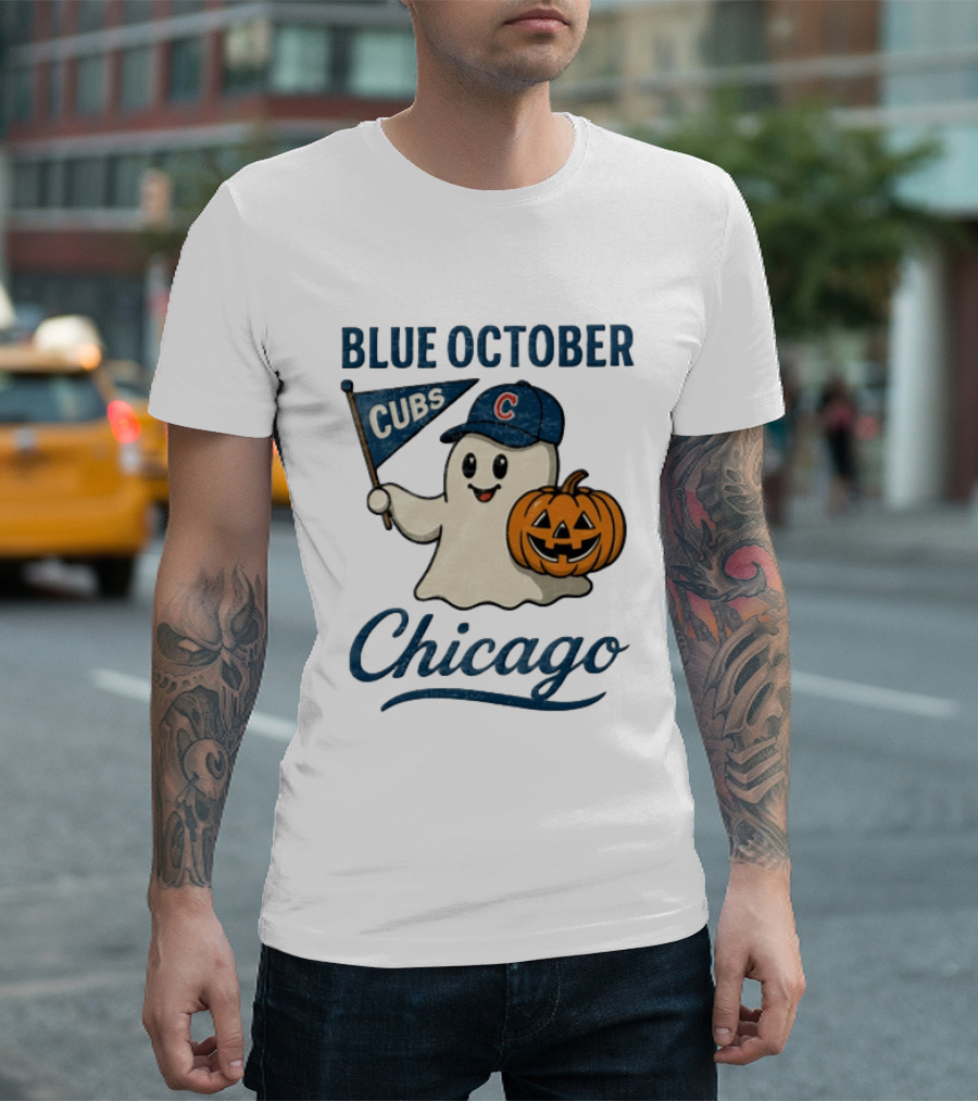 Chicago Cubs Blue October Halloween Ghost Pumpkin Baseball T-Shirt