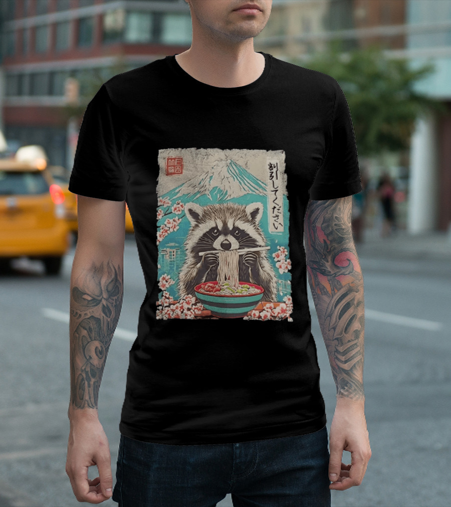 Raccoon Eating Ramen With Mount Fuji Japanese Cherry Blossoms T-Shirt