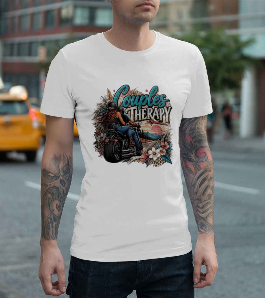 Couples Therapy Motorcycle Sunset Flowers Adventure T-Shirt