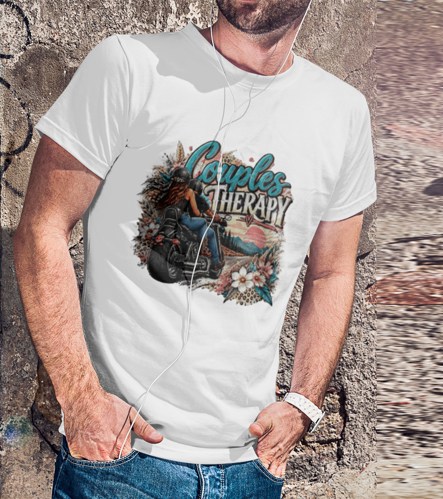 Couples Therapy Motorcycle Sunset Flowers Adventure T-Shirt