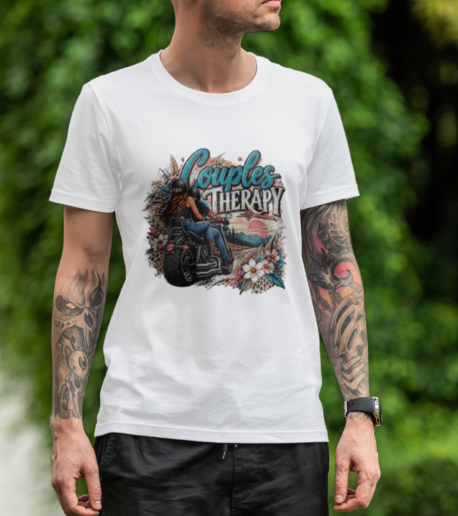 Couples Therapy Motorcycle Sunset Flowers Adventure T-Shirt