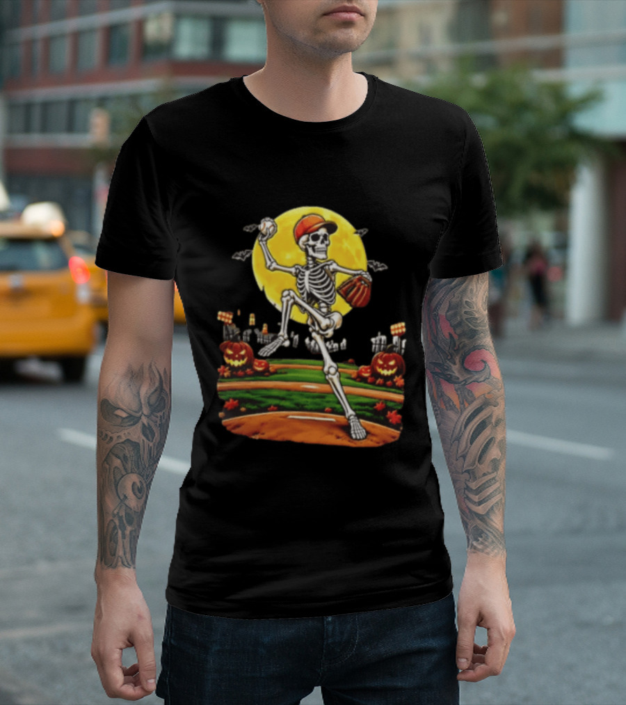 Skeleton Baseball Pitcher Halloween Full Moon Pumpkin Graveyard Scene T-Shirt