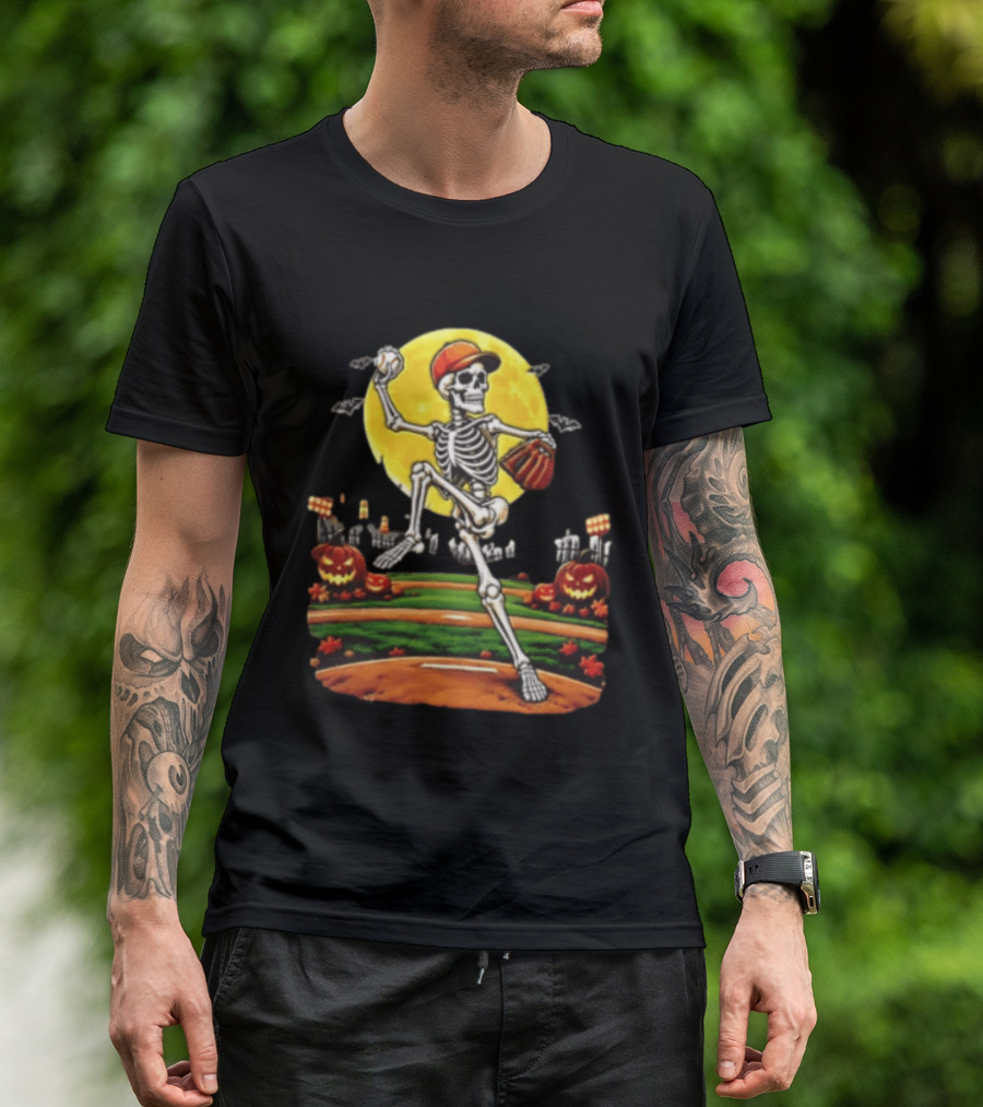 Skeleton Baseball Pitcher Halloween Full Moon Pumpkin Graveyard Scene T-Shirt