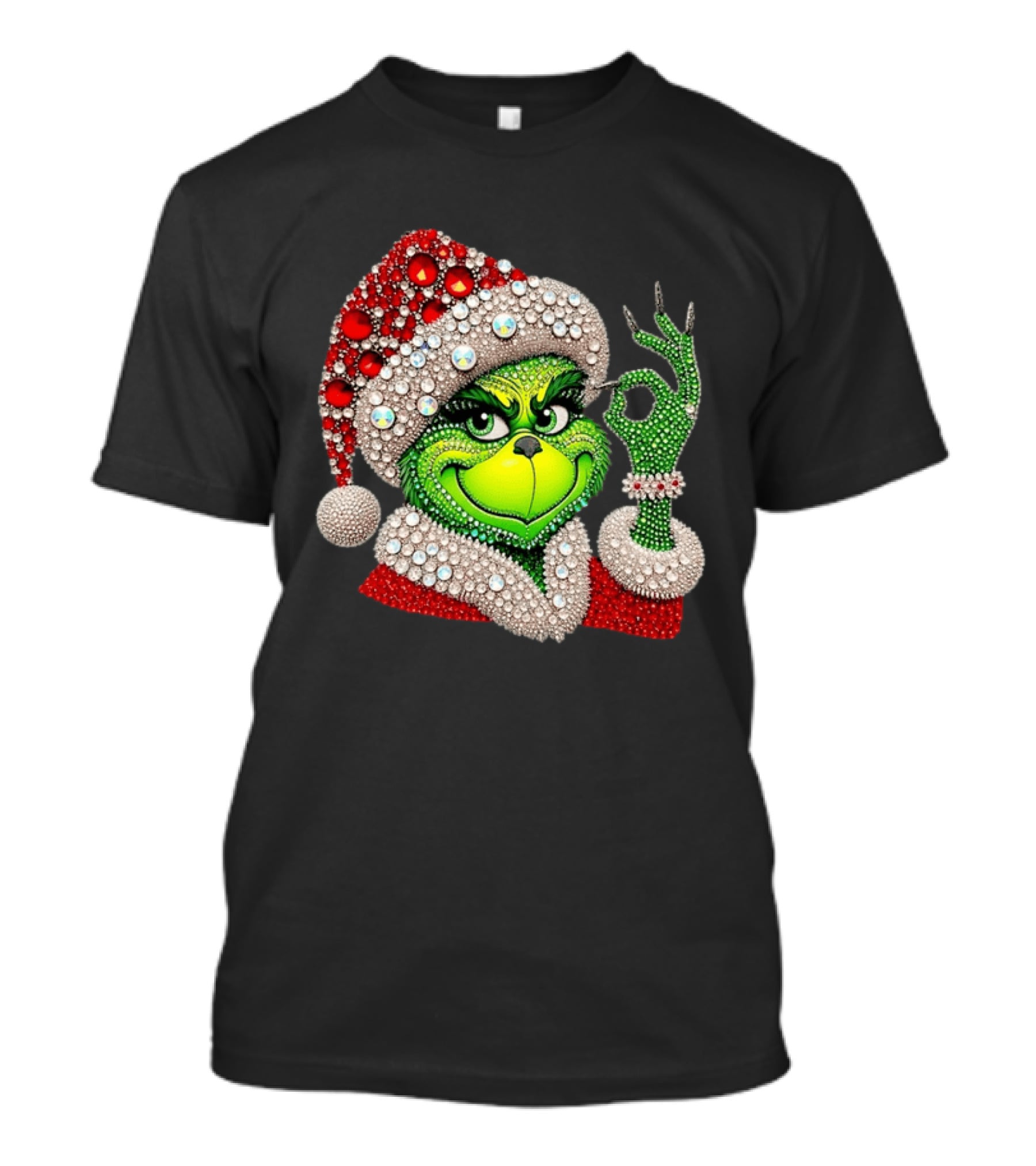 The Grinch Rhinestone Christmas Santa Hat Green Face With Jewels T-Shirt