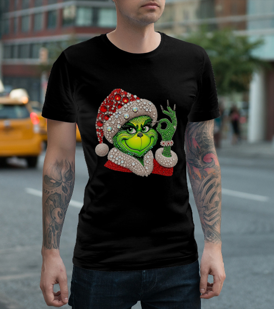 The Grinch Rhinestone Christmas Santa Hat Green Face With Jewels T-Shirt