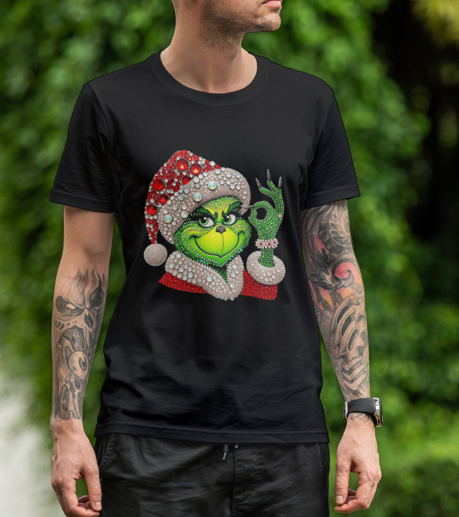 The Grinch Rhinestone Christmas Santa Hat Green Face With Jewels T-Shirt