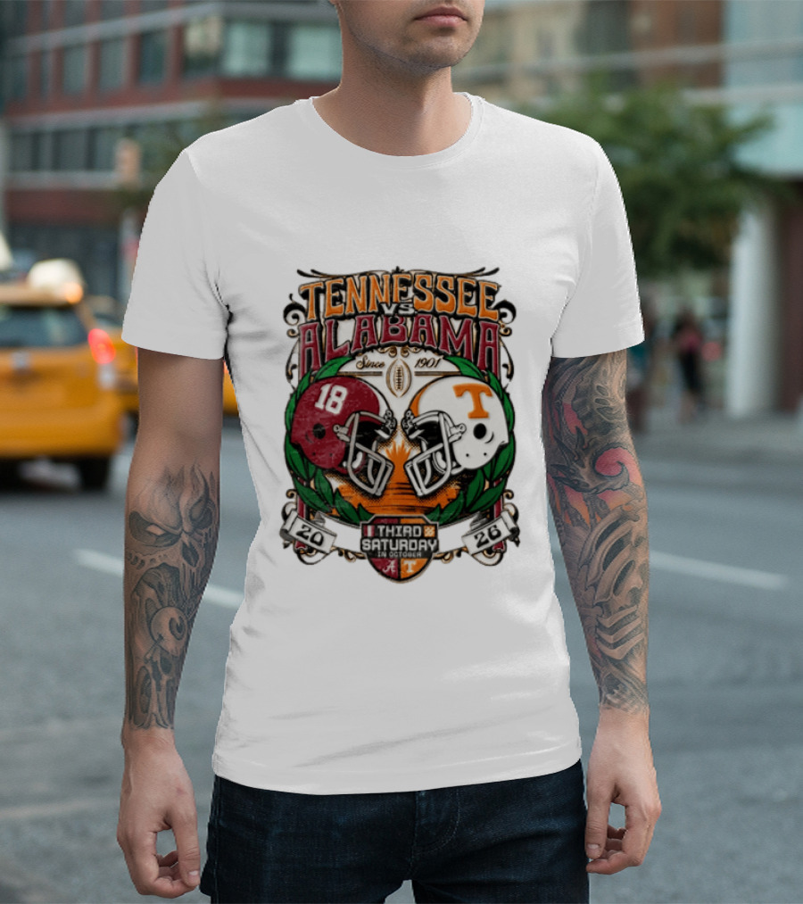 Tennessee Vs Alabama Football Rivalry Third Saturday October 2026 Helmets Since 1901 T-Shirt