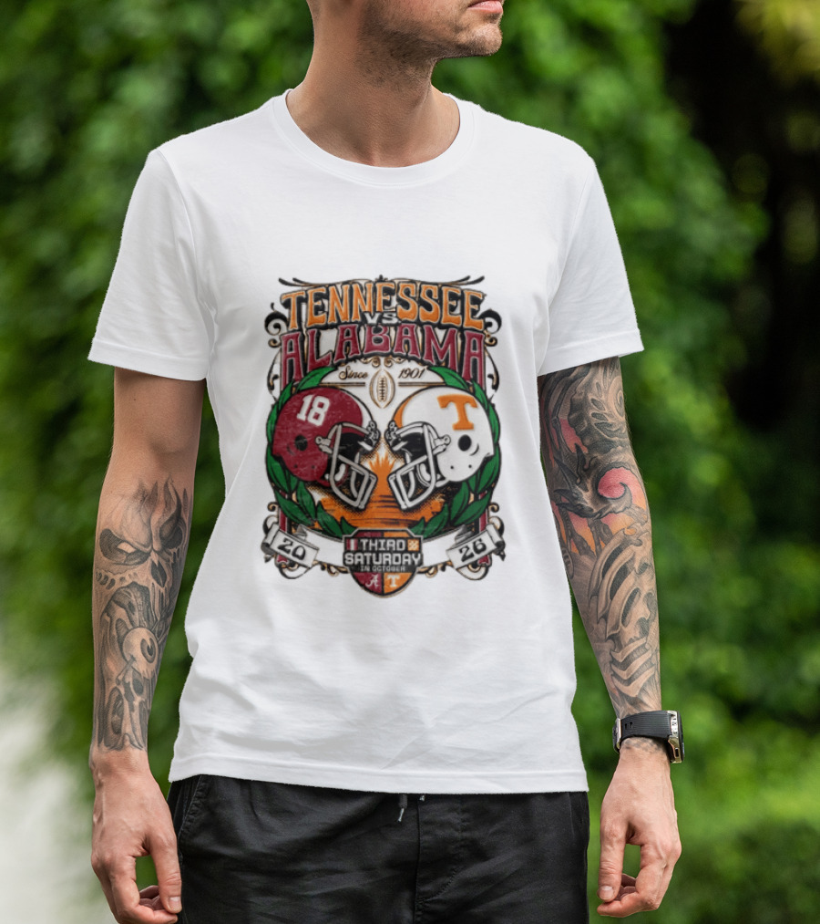 Tennessee Vs Alabama Football Rivalry Third Saturday October 2026 Helmets Since 1901 T-Shirt