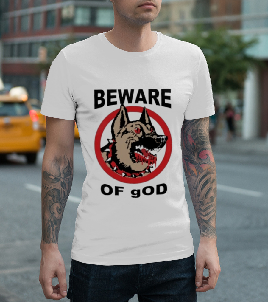 Beware Of God Dog Spiked Collar Warning Red Circle T-Shirt