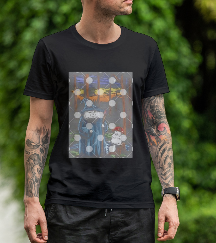 Wizard Cat With Mushroom Friend In Enchanted Forest Sunset T-Shirt