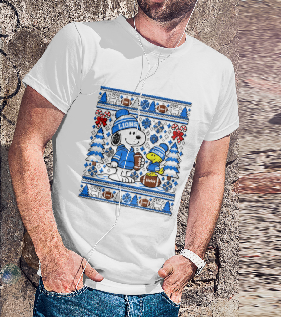 Detroit Lions Snoopy Woodstock Christmas Sweater Peanuts NFL Football Blue Holiday T-Shirt