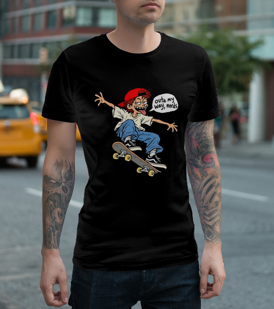 Outa My Way Nerds Skater Cartoon Tongue Out Red Cap Blue Pants White T-Shirt