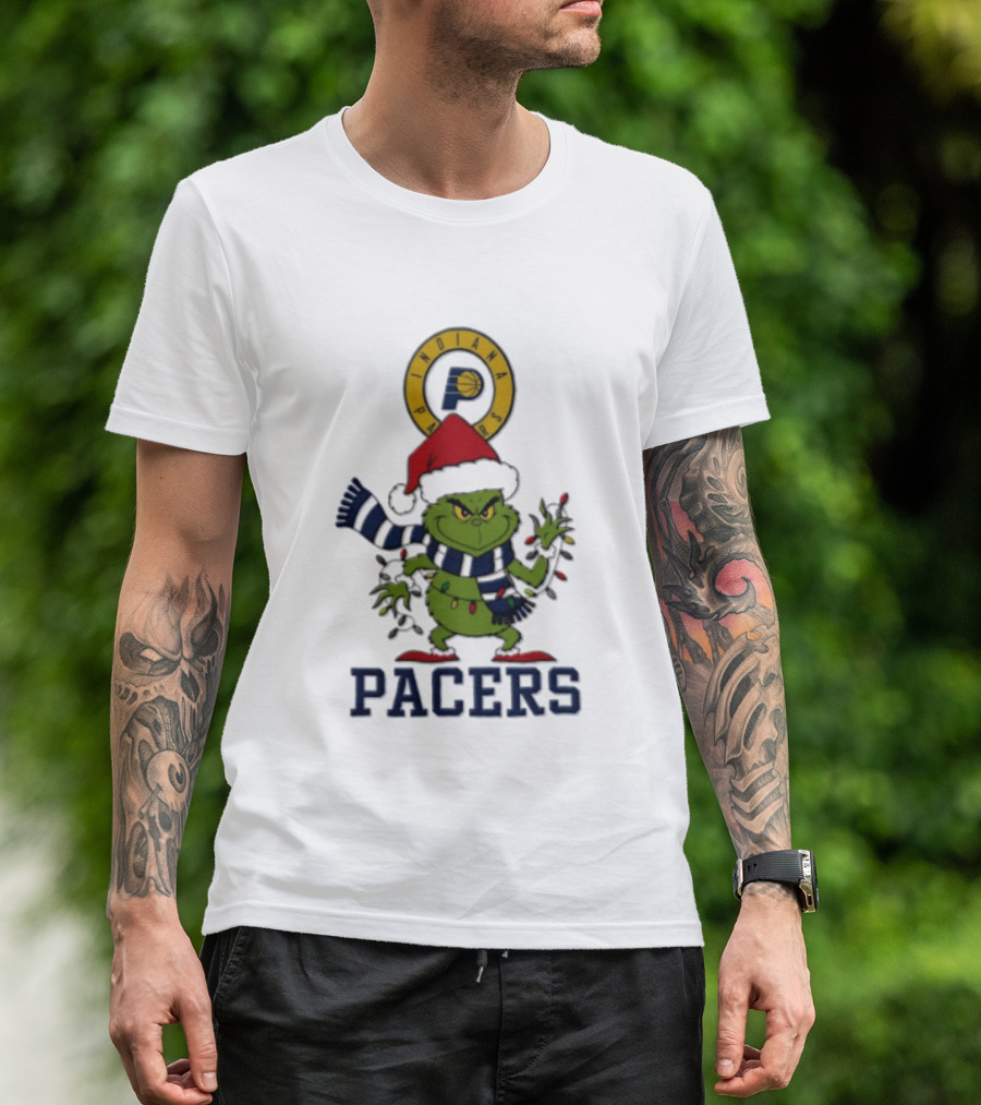 Pacers Christmas Grinch With Santa Hat And Lights T-Shirt