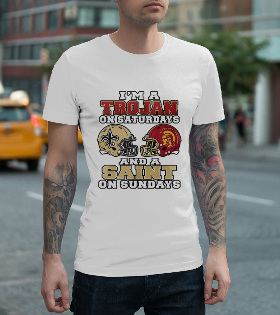 USC Trojans Saturdays New Orleans Saints Sundays Football Helmets T-Shirt
