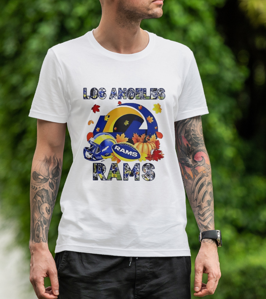 Los Angeles Rams Halloween Fall Football With Leaves And Pumpkin T-Shirt
