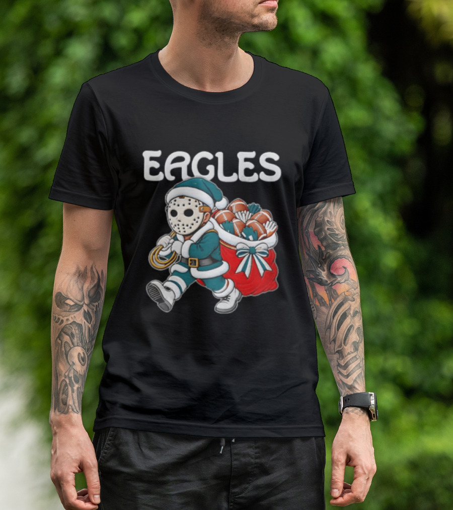 Eagles Christmas Santa With Horror Mask And Football Sack T-Shirt