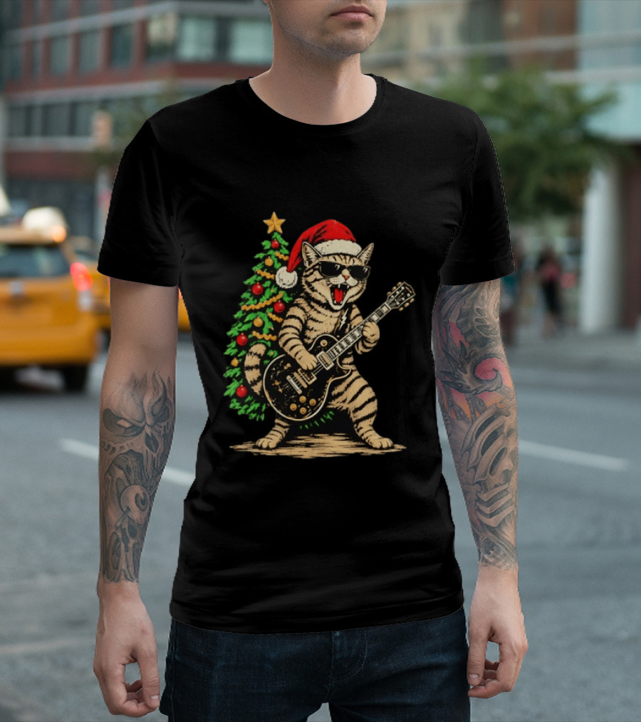 Rocking Cat Wearing Sunglasses Playing Guitar By Christmas Tree Santa Hat T-Shirt
