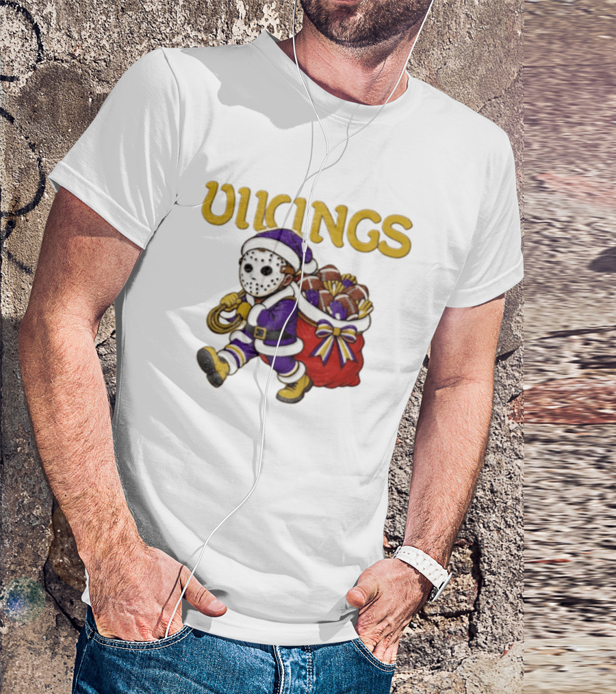 Minnesota Vikings Football Christmas Purple And Gold Santa Carrying Footballs T-Shirt