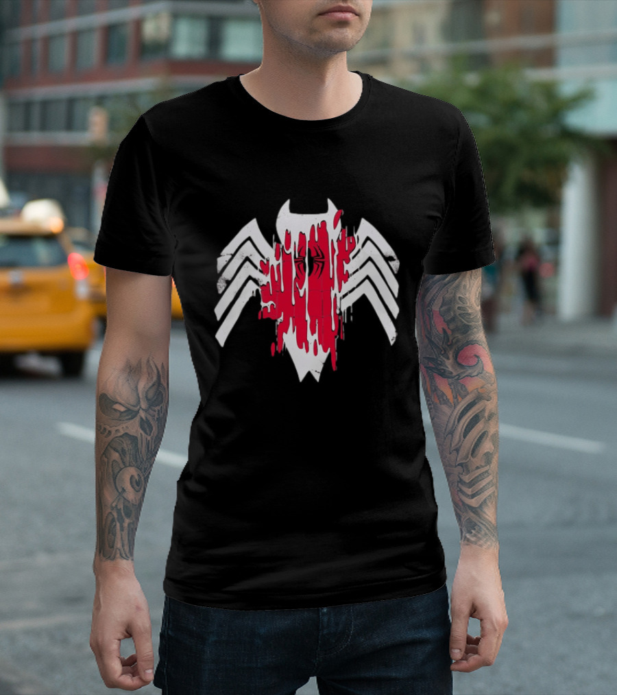Spider Man Symbiote Venom Drip White Spider Icon Red Paint Splatter T-Shirt
