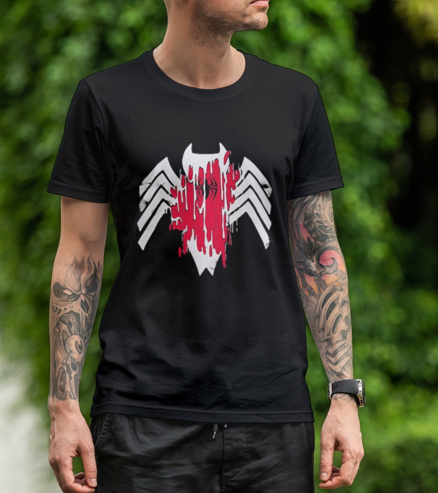 Spider Man Symbiote Venom Drip White Spider Icon Red Paint Splatter T-Shirt
