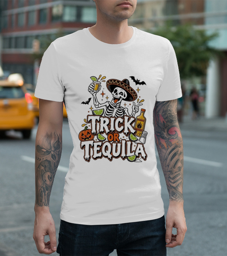 Trick Or Tequila Skeleton Sombrero Halloween Party Pumpkin Bats Lime T-Shirt