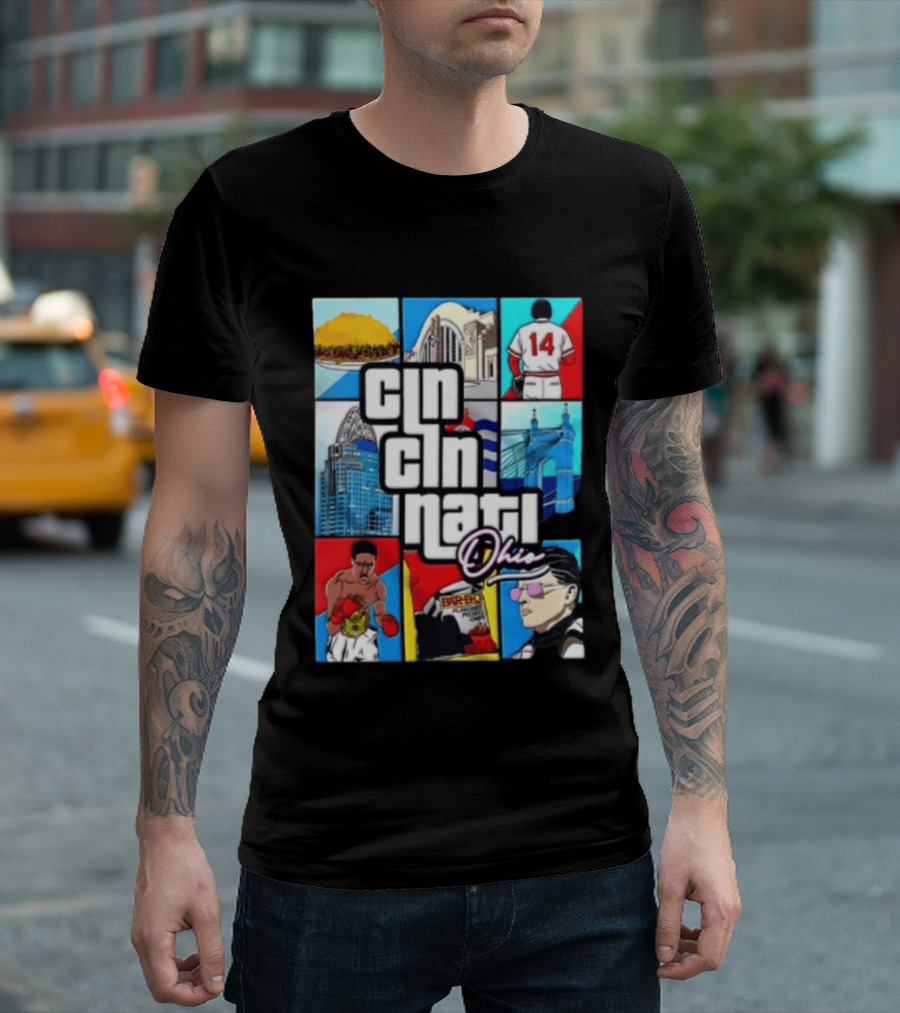 Cincinnati Ohio Landmarks GTA Style Tyler Henderson Alabama NCAA 14 T-Shirt