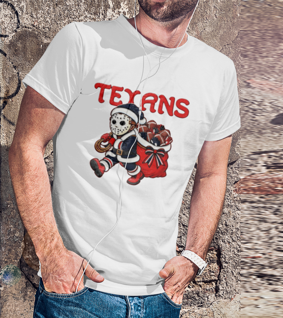 Houston Football Christmas Red And Navy Masked Santa T-Shirt
