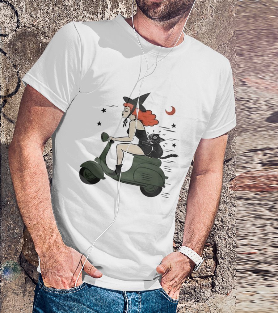 Witch Riding A Scooter With A Cat T-Shirt