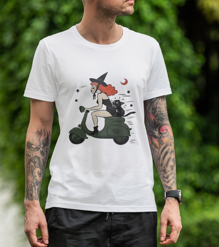 Witch Riding A Scooter With A Cat T-Shirt