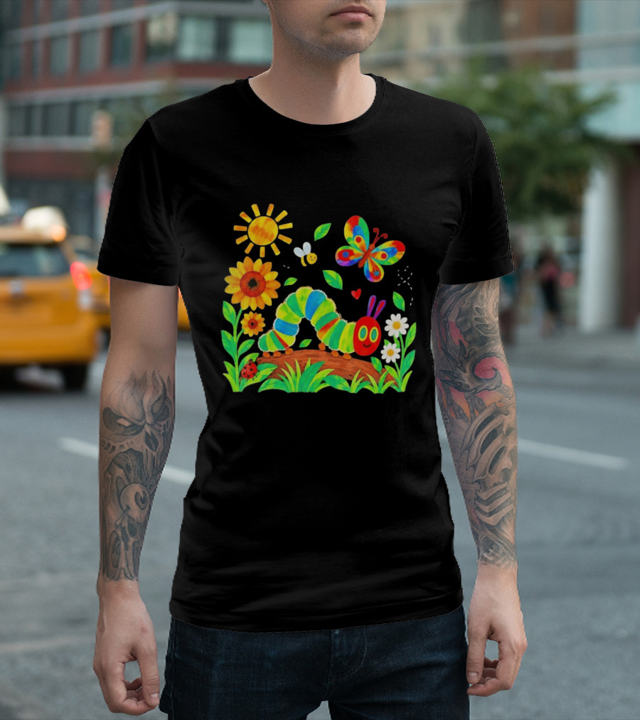 The Very Hungry Caterpillar Colorful Garden With Butterfly And Sunflowers T-Shirt