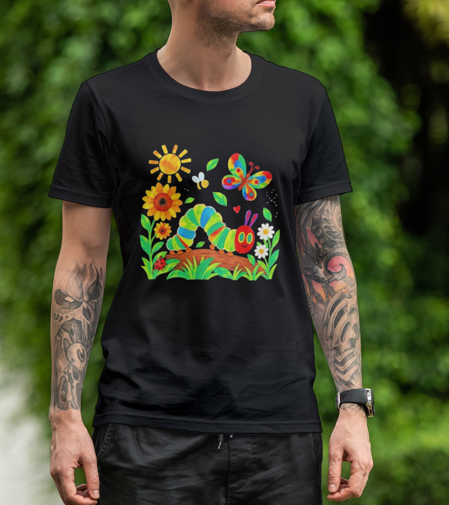 The Very Hungry Caterpillar Colorful Garden With Butterfly And Sunflowers T-Shirt