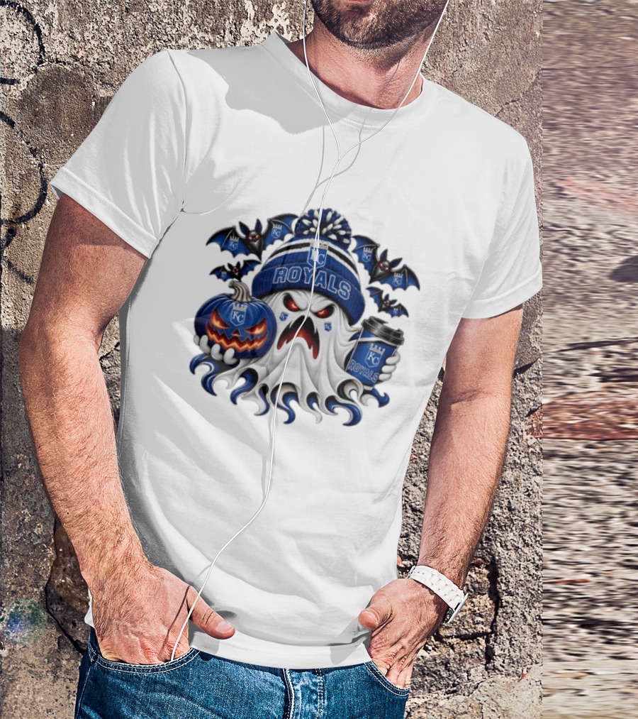Kansas City Royals Halloween Ghost With Coffee And Pumpkin T-Shirt