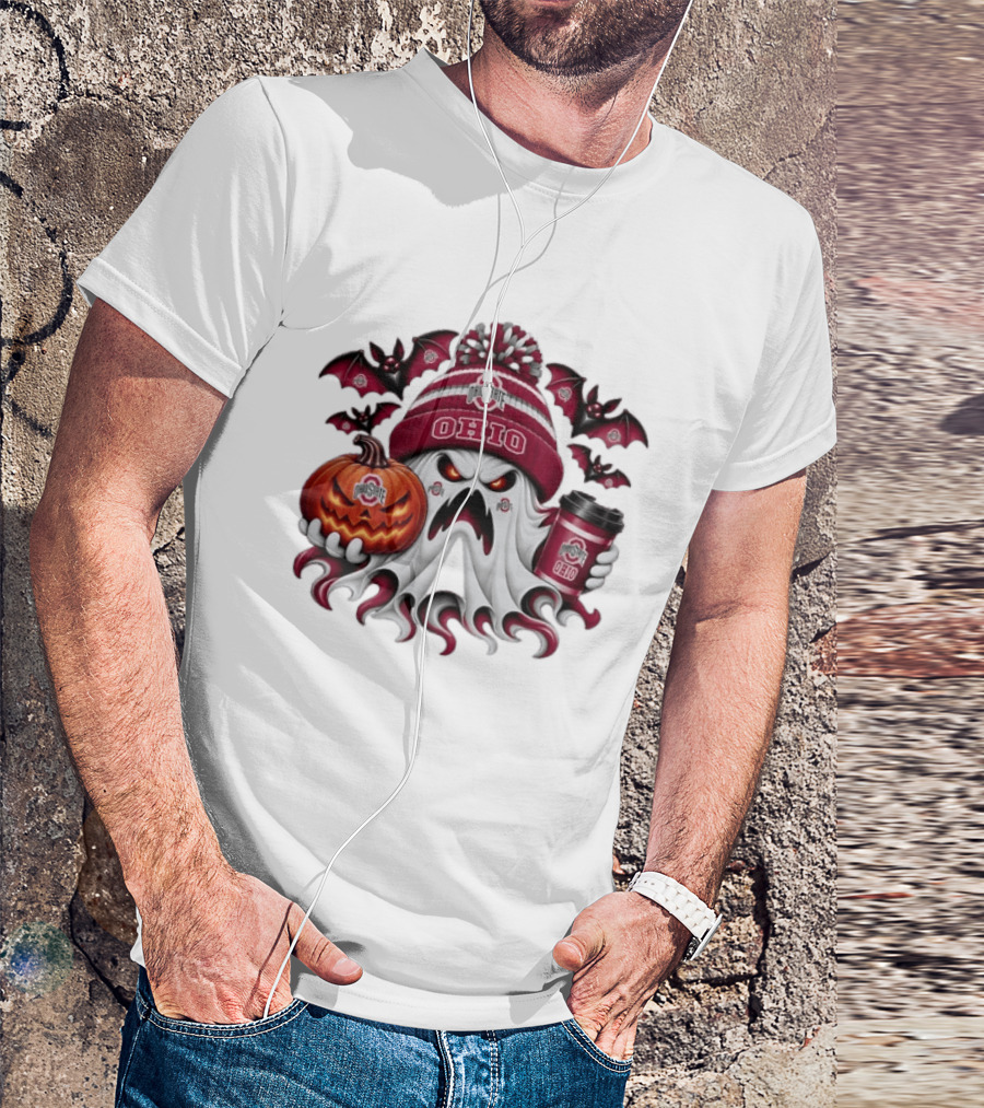 Ohio State Buckeyes Halloween Ghost Coffee Pumpkin Bats Spooky T-Shirt