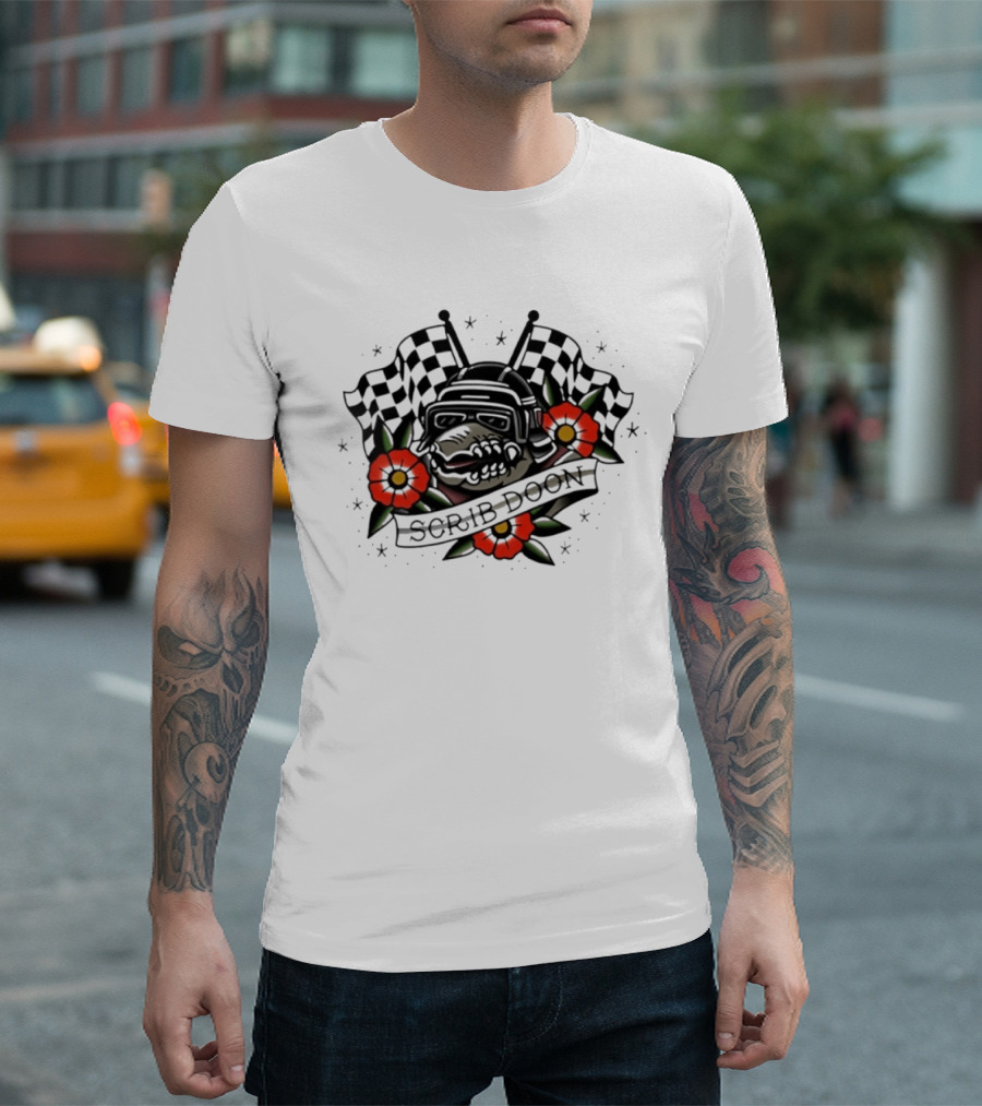 Scrib Doon Traditional Tattoo Racing Checkered Flags And Flowers T-Shirt