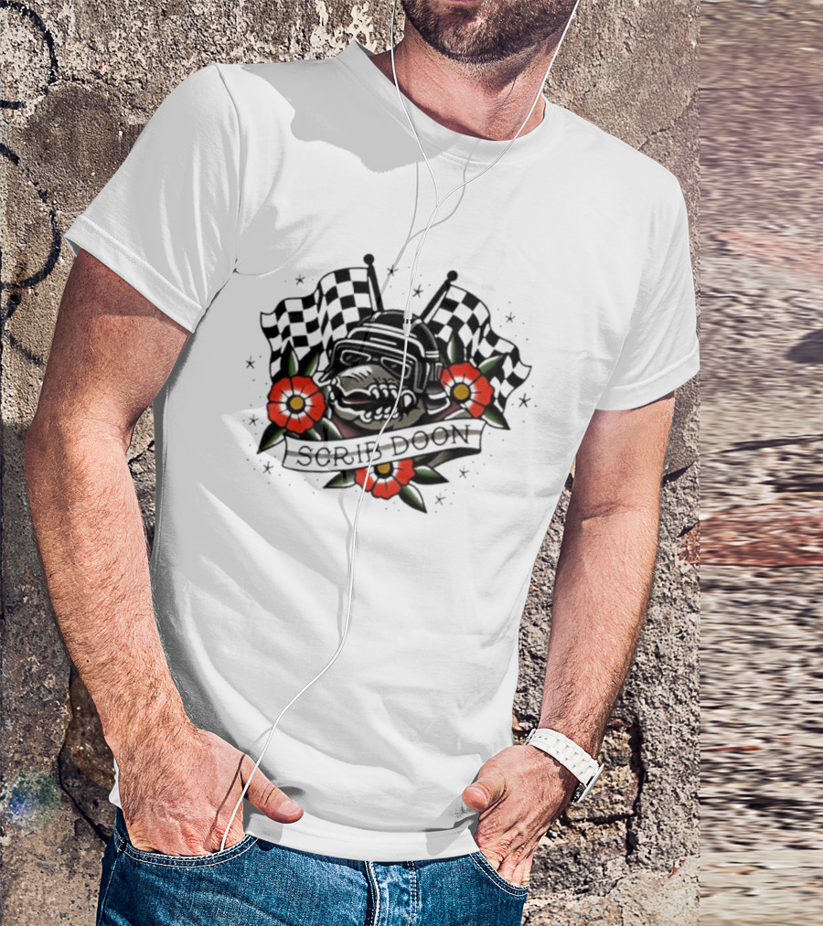 Scrib Doon Traditional Tattoo Racing Checkered Flags And Flowers T-Shirt