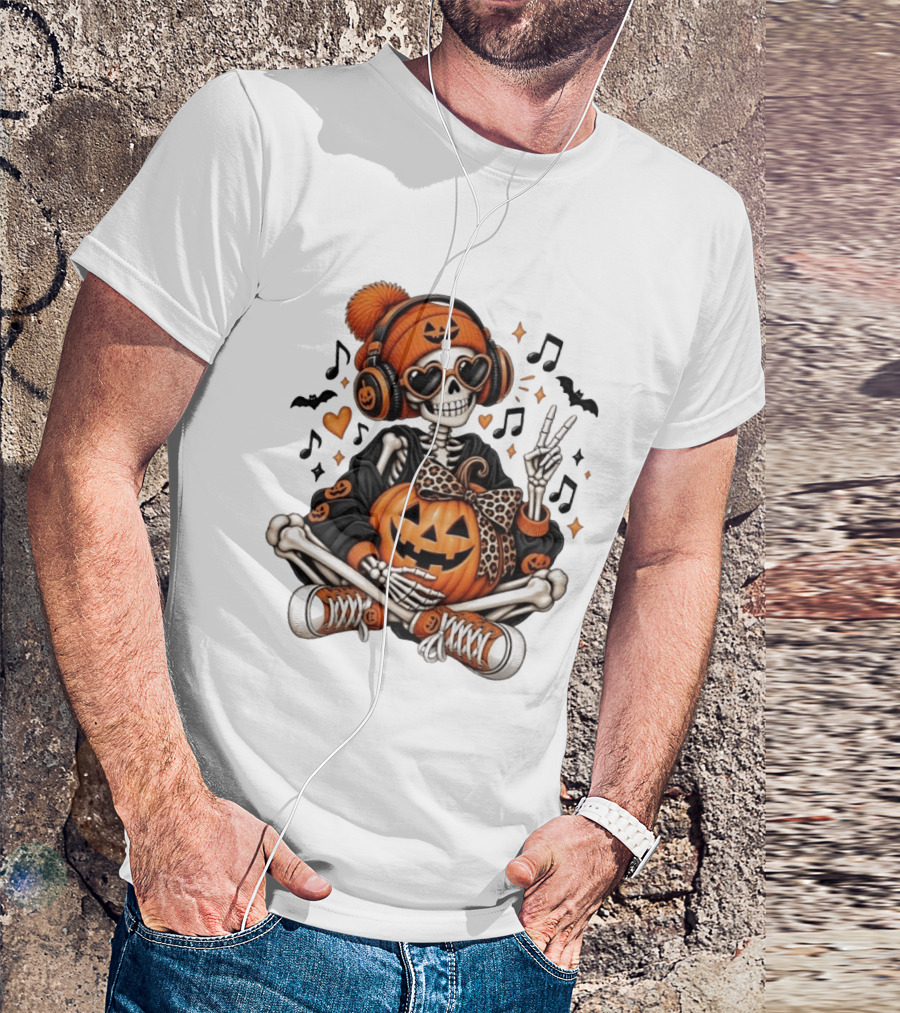 Skeleton In Pumpkin Beanie With Headphones Heart Sunglasses And Peace Sign T-Shirt