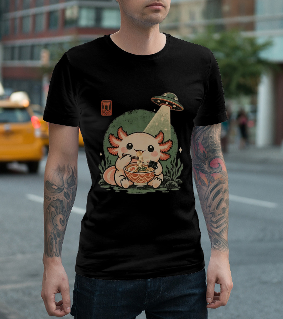 Axolotl Enjoying Ramen Under UFO Light With Japanese Distressed T-Shirt