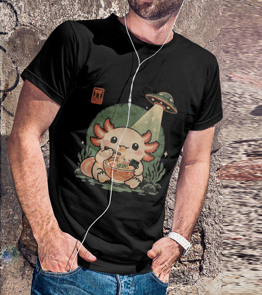 Axolotl Enjoying Ramen Under UFO Light With Japanese Distressed T-Shirt