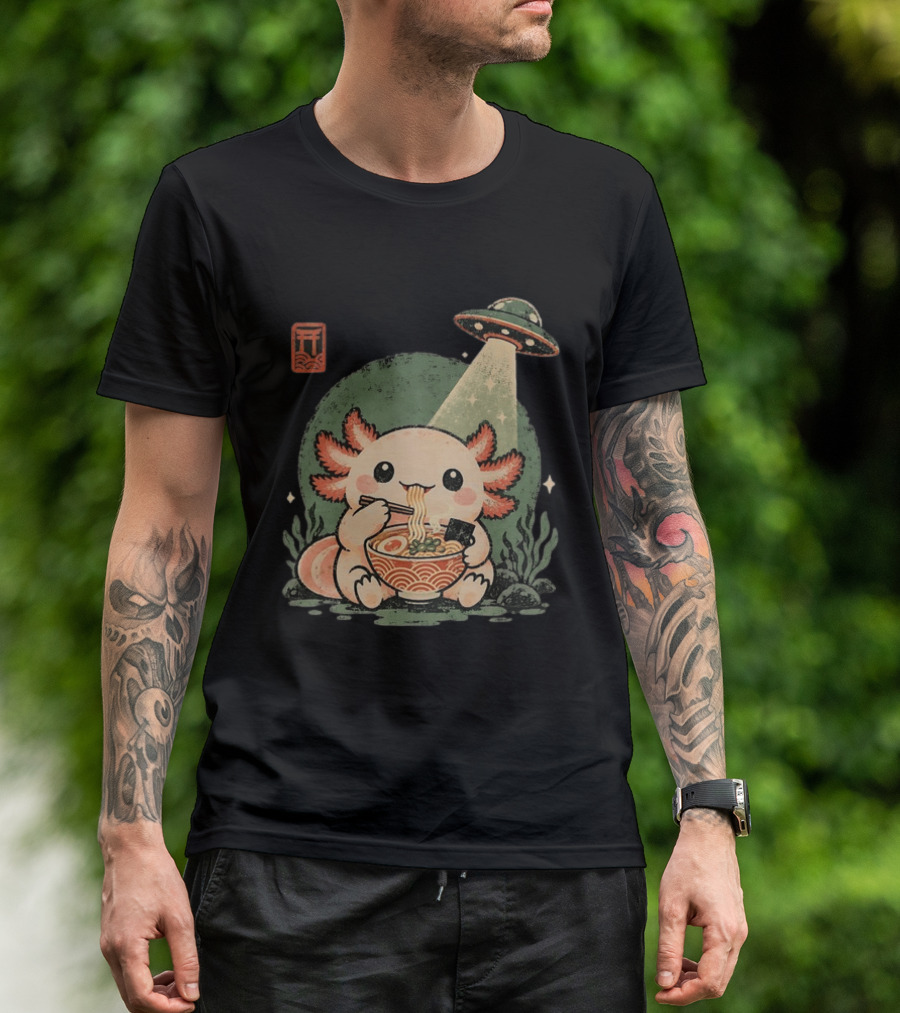 Axolotl Enjoying Ramen Under UFO Light With Japanese Distressed T-Shirt