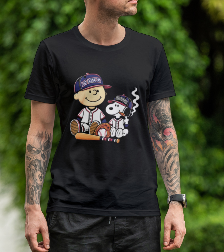 Charlie Brown Snoopy Los Angeles Angels MLB Cigar Smoking Cartoon T-Shirt