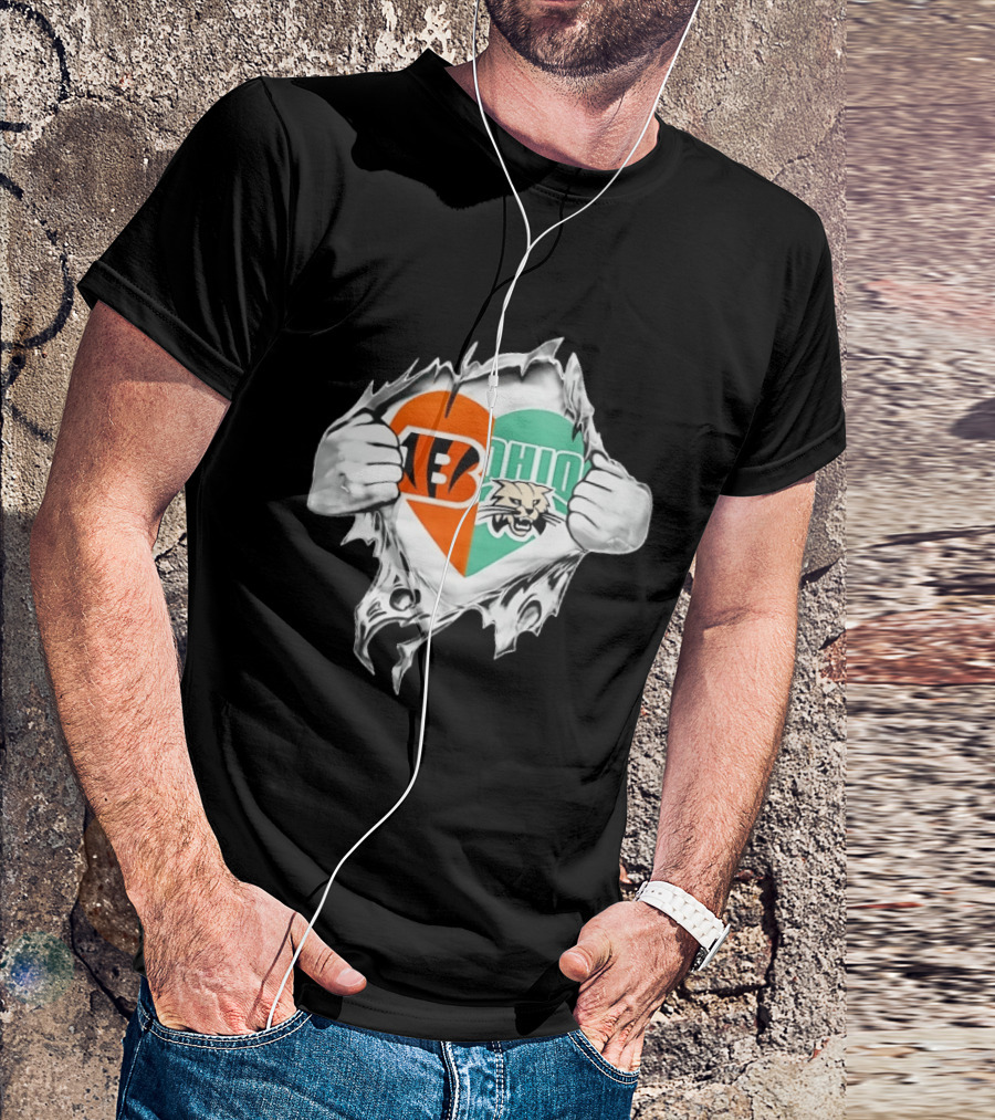 Cincinnati Bengals Ohio Bobcats Heart Superman Chest Rip T-Shirt