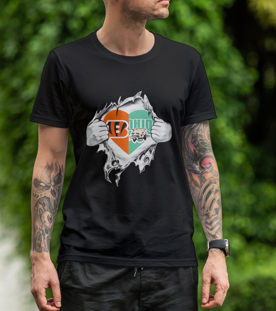 Cincinnati Bengals Ohio Bobcats Heart Superman Chest Rip T-Shirt