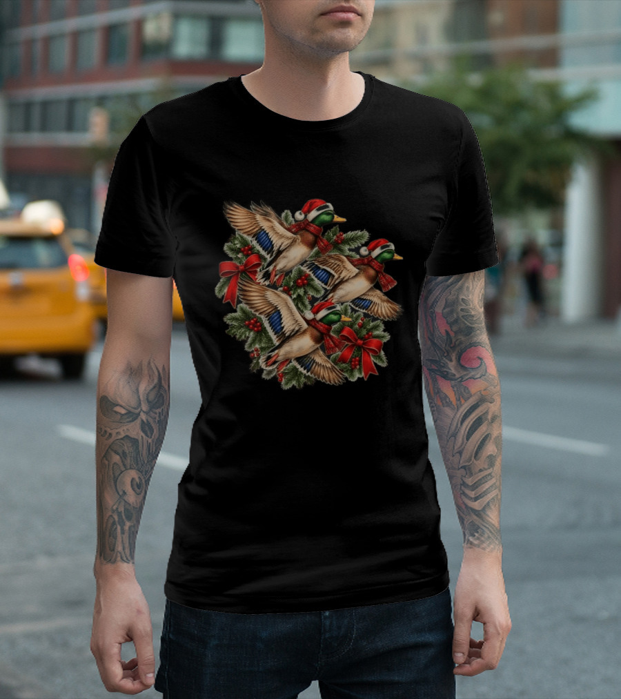 Flying Mallard Ducks With Santa Hats And Christmas Scarves In Festive Wreath T-Shirt